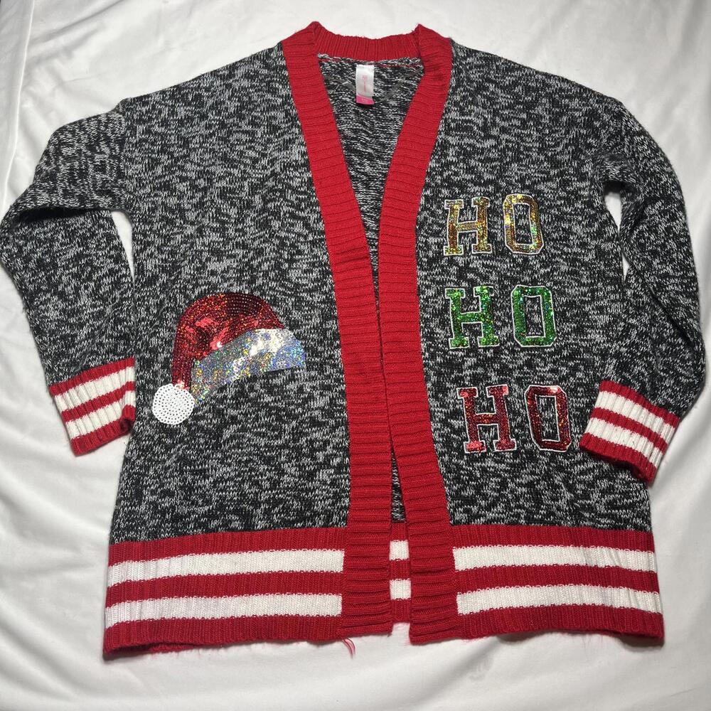 No Boundaries Holiday Cardigan Women’s Size Small Gray Red Festive 'Ho Ho Ho'